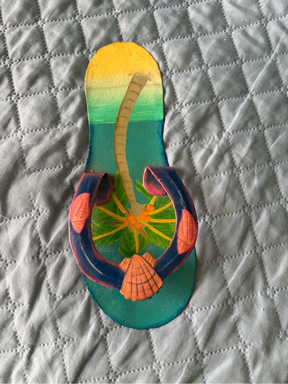 Source Unknown Hand-Painted Flip-Flop Wall Hanging in Blue, Green & Yellow